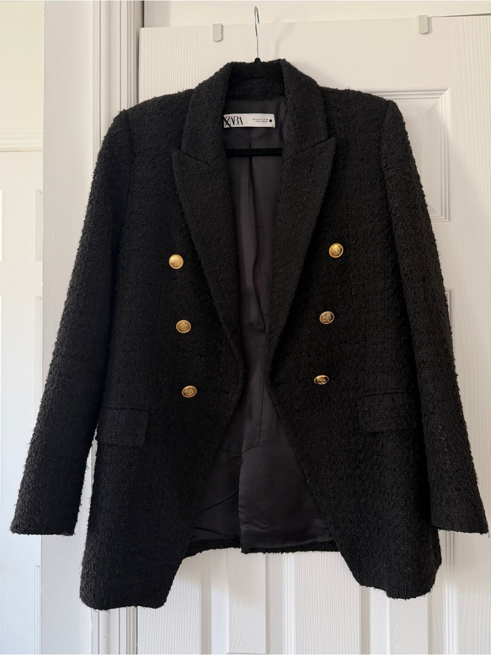 ZARA Tweed Black Bouclé Double-Breasted Blazer with Gold Buttons